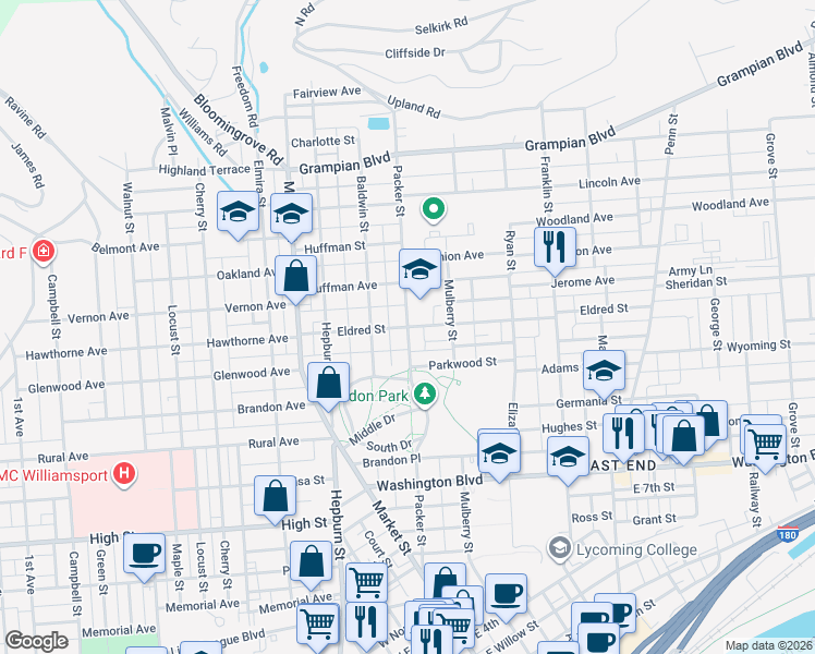 map of restaurants, bars, coffee shops, grocery stores, and more near 70 Eldred Street in Williamsport