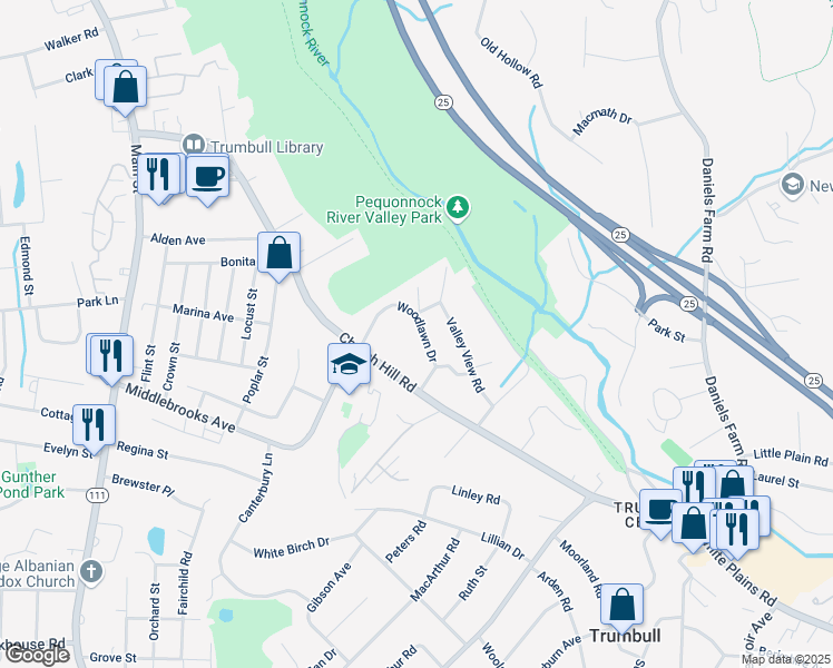 map of restaurants, bars, coffee shops, grocery stores, and more near 38 Woodlawn Drive in Trumbull