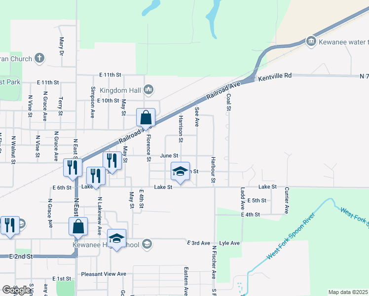 map of restaurants, bars, coffee shops, grocery stores, and more near 808 Harrison Street in Kewanee