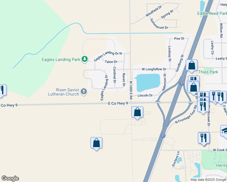 map of restaurants, bars, coffee shops, grocery stores, and more near 1480 Raven Drive in Manteno