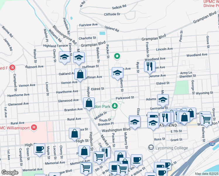 map of restaurants, bars, coffee shops, grocery stores, and more near 85 Eldred Street in Williamsport
