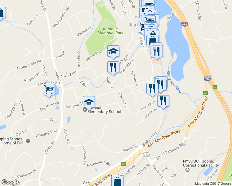 map of restaurants, bars, coffee shops, grocery stores, and more near 56 Huntville Road in Katonah
