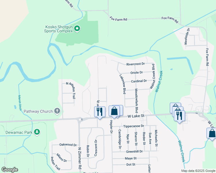 map of restaurants, bars, coffee shops, grocery stores, and more near 1422 Copeland Street in Warsaw