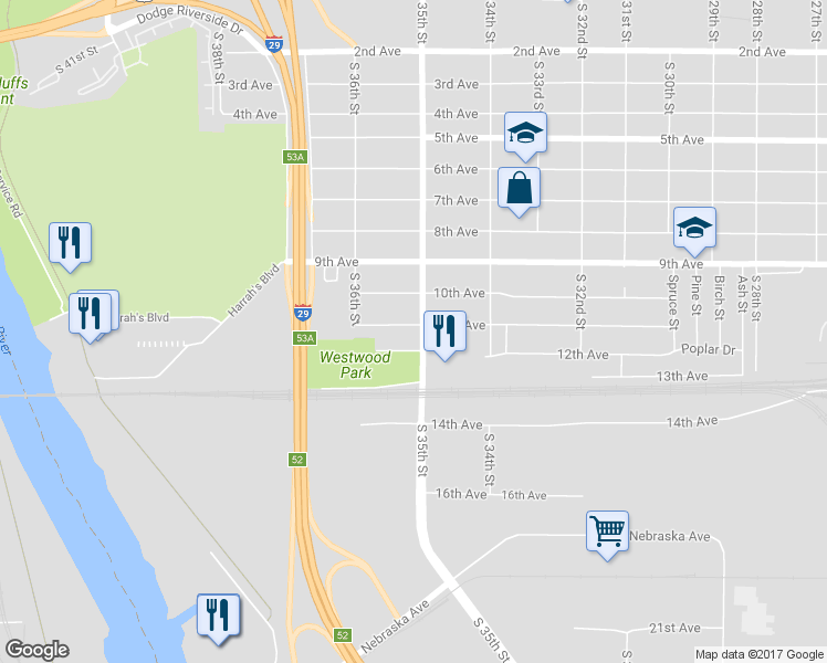 map of restaurants, bars, coffee shops, grocery stores, and more near 3505 11th Avenue in Council Bluffs