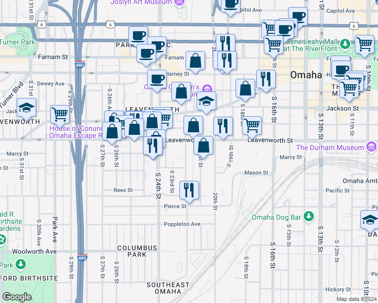 map of restaurants, bars, coffee shops, grocery stores, and more near 819 South 22nd Street in Omaha