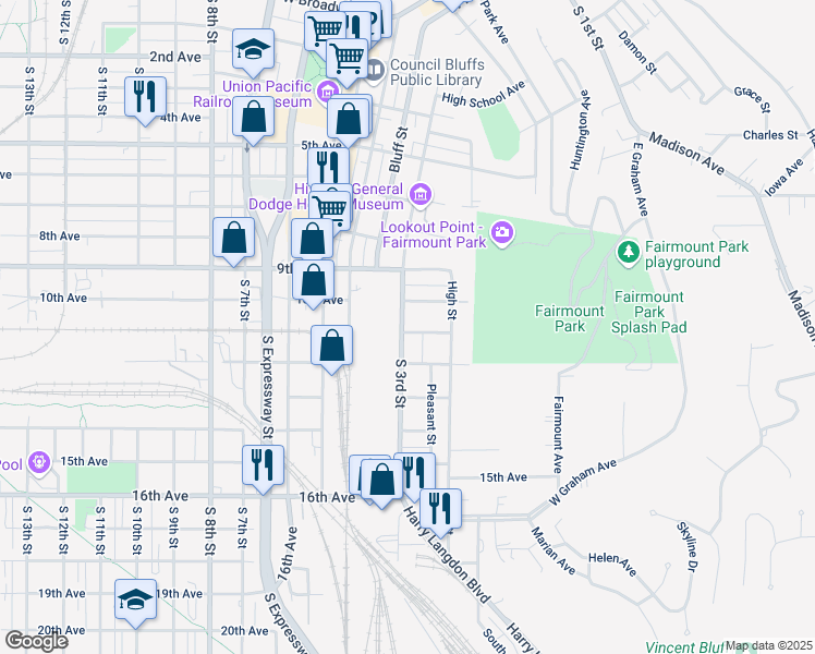 map of restaurants, bars, coffee shops, grocery stores, and more near 1027 South 3rd Street in Council Bluffs