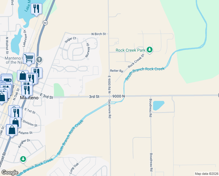 map of restaurants, bars, coffee shops, grocery stores, and more near East 9000 Road North in Manteno