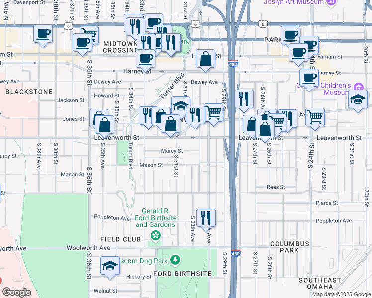 map of restaurants, bars, coffee shops, grocery stores, and more near 3024 Marcy Street in Omaha