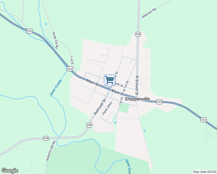 map of restaurants, bars, coffee shops, grocery stores, and more near 201-299 Main Street in Shippenville