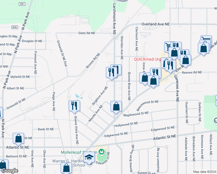 map of restaurants, bars, coffee shops, grocery stores, and more near 1588 Brighton Avenue Northeast in Warren