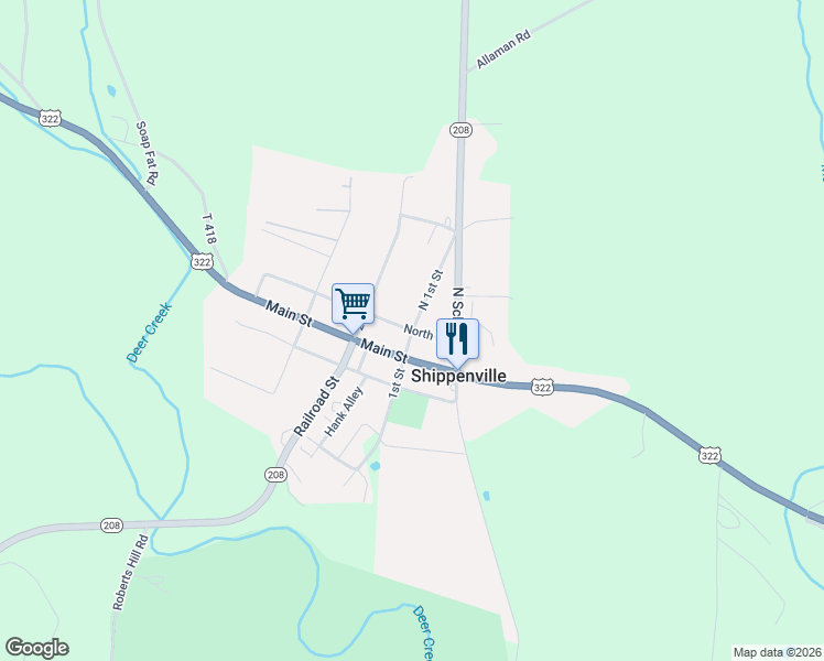 map of restaurants, bars, coffee shops, grocery stores, and more near 1st Street in Shippenville