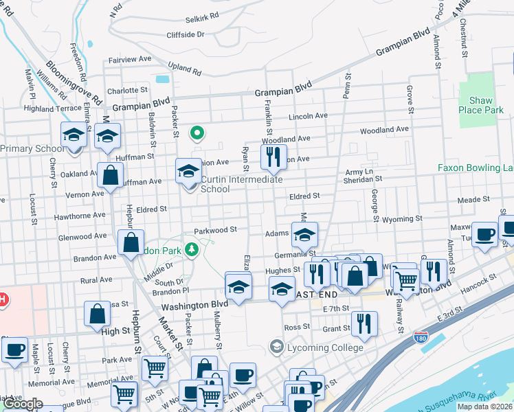 map of restaurants, bars, coffee shops, grocery stores, and more near 214 Eldred Street in Williamsport