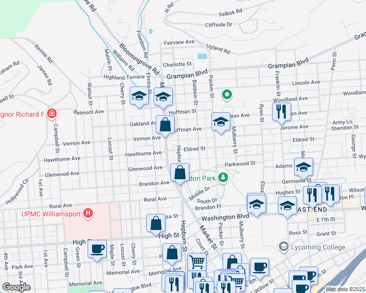 map of restaurants, bars, coffee shops, grocery stores, and more near 25 Eldred Street in Williamsport