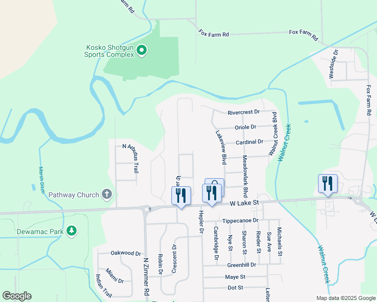 map of restaurants, bars, coffee shops, grocery stores, and more near 1422 Copeland Street in Warsaw