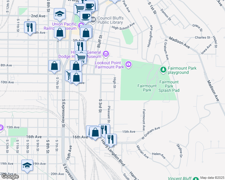 map of restaurants, bars, coffee shops, grocery stores, and more near 202 11th Avenue in Council Bluffs