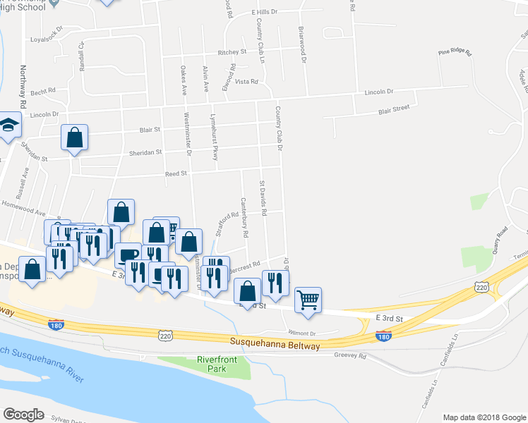 map of restaurants, bars, coffee shops, grocery stores, and more near 2467 Strafford Road in Williamsport