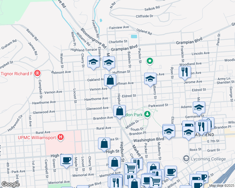 map of restaurants, bars, coffee shops, grocery stores, and more near 25 Eldred Street in Williamsport