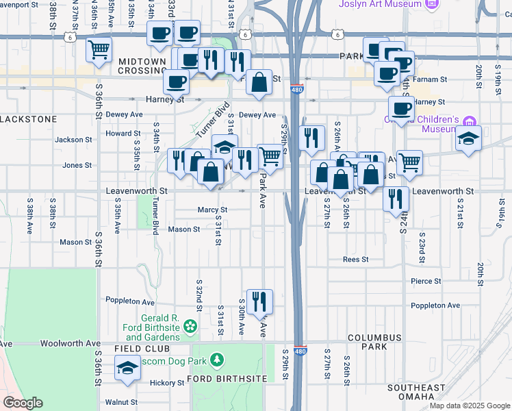 map of restaurants, bars, coffee shops, grocery stores, and more near 826 Park Avenue in Omaha