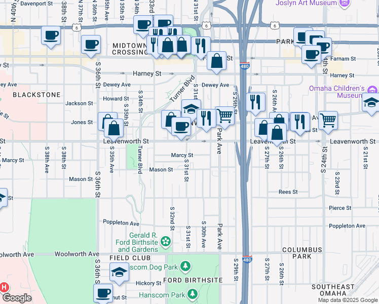 map of restaurants, bars, coffee shops, grocery stores, and more near 3024 Marcy Street in Omaha