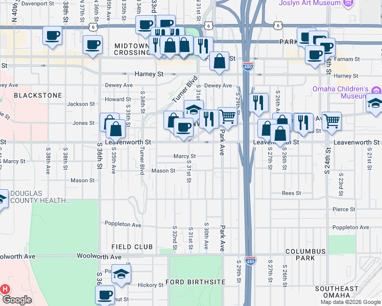 map of restaurants, bars, coffee shops, grocery stores, and more near 3024 Marcy Street in Omaha