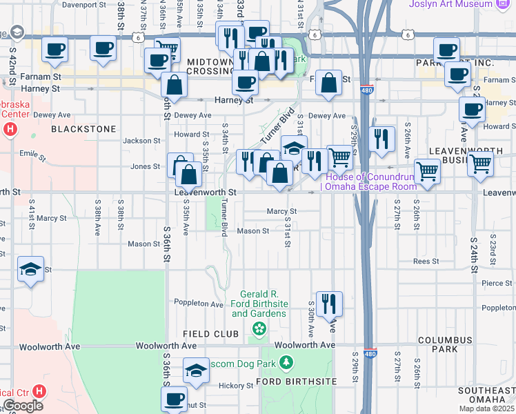 map of restaurants, bars, coffee shops, grocery stores, and more near 3216 Marcy Street in Omaha