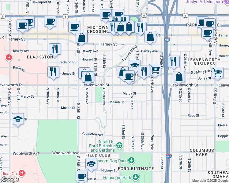 map of restaurants, bars, coffee shops, grocery stores, and more near 3216 Marcy Street in Omaha