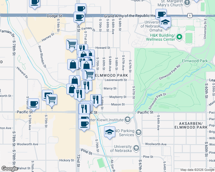 map of restaurants, bars, coffee shops, grocery stores, and more near 6820 Marcy Street in Omaha
