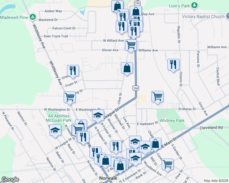 map of restaurants, bars, coffee shops, grocery stores, and more near 48 Spring Street in Norwalk