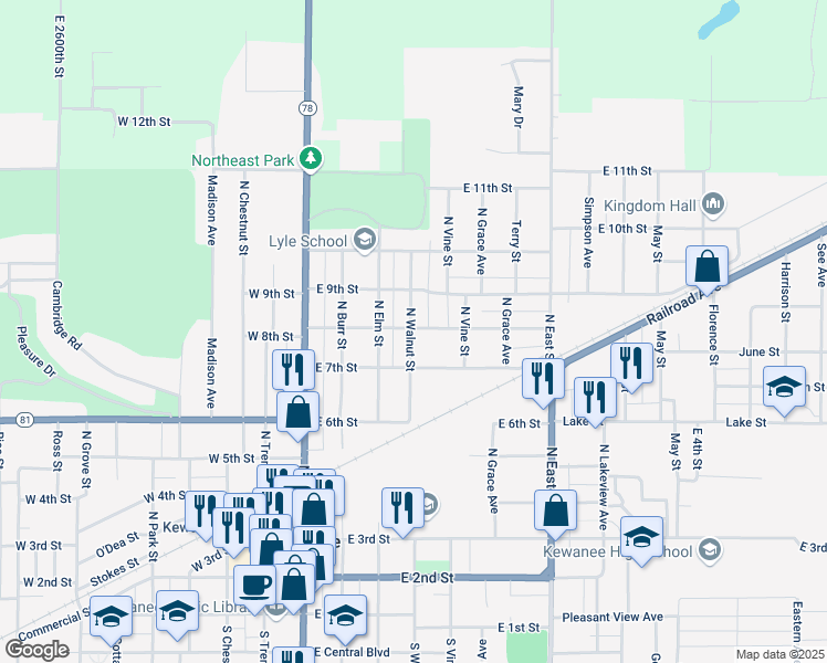 map of restaurants, bars, coffee shops, grocery stores, and more near 726 North Walnut Street in Kewanee