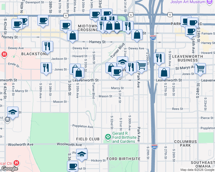 map of restaurants, bars, coffee shops, grocery stores, and more near 3208 Marcy Street in Omaha
