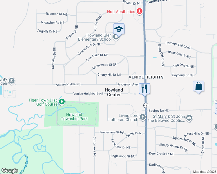 map of restaurants, bars, coffee shops, grocery stores, and more near 7995 Venice Heights Drive Northeast in Warren