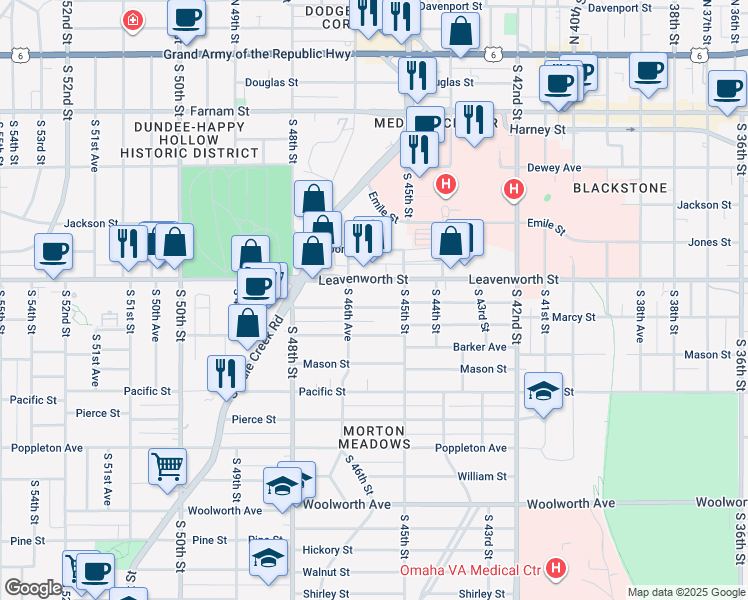map of restaurants, bars, coffee shops, grocery stores, and more near 4528 Marcy St in Omaha
