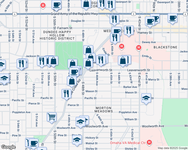 map of restaurants, bars, coffee shops, grocery stores, and more near 4662 Marcy St in Omaha