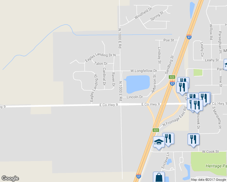 map of restaurants, bars, coffee shops, grocery stores, and more near 220 Raven Drive in Manteno