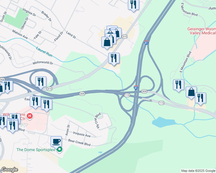 map of restaurants, bars, coffee shops, grocery stores, and more near 1067 Pennsylvania 315 in Wilkes-Barre