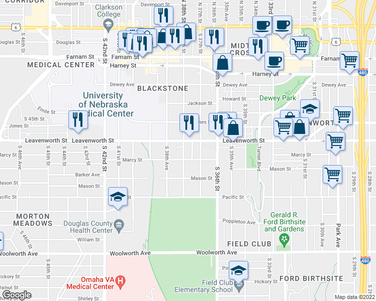 map of restaurants, bars, coffee shops, grocery stores, and more near 3720 Marcy Street in Omaha