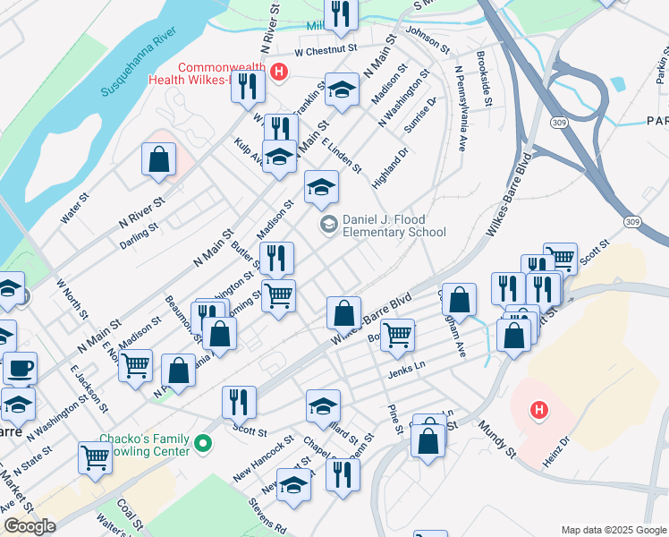 map of restaurants, bars, coffee shops, grocery stores, and more near 509 North Pennsylvania Avenue in Wilkes-Barre