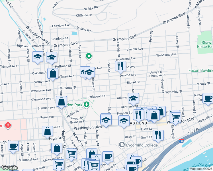 map of restaurants, bars, coffee shops, grocery stores, and more near 122 Eldred Street in Williamsport