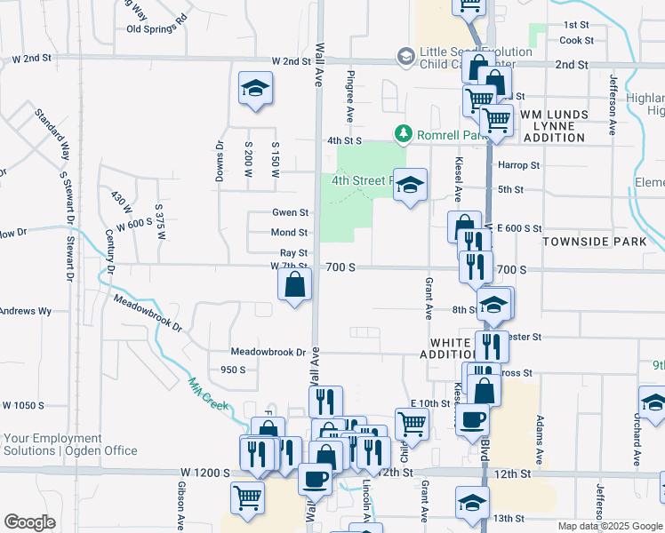 map of restaurants, bars, coffee shops, grocery stores, and more near 702 Wall Avenue in Ogden