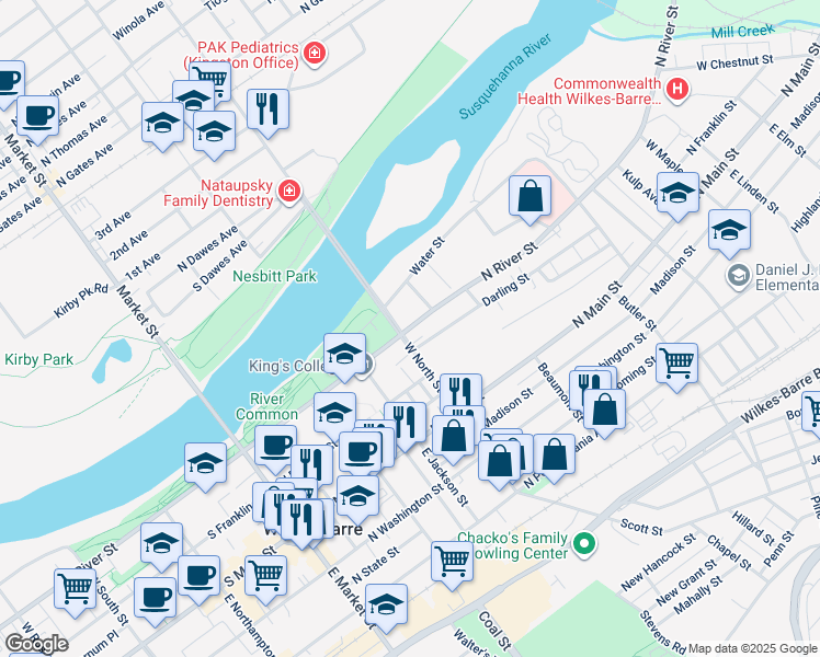 map of restaurants, bars, coffee shops, grocery stores, and more near 265-287 North River Street in Wilkes-Barre