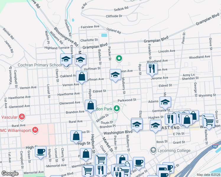 map of restaurants, bars, coffee shops, grocery stores, and more near 70-80 Eldred Street in Williamsport