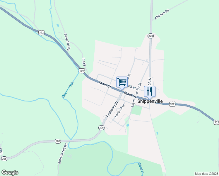 map of restaurants, bars, coffee shops, grocery stores, and more near 201 Main Street in Shippenville