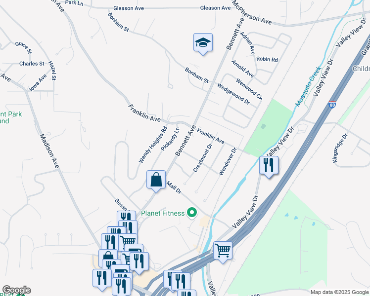 map of restaurants, bars, coffee shops, grocery stores, and more near 184 Bennett Avenue in Council Bluffs