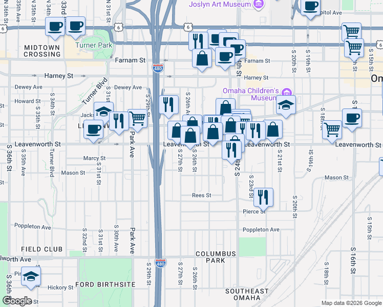 map of restaurants, bars, coffee shops, grocery stores, and more near 2567 Marcy Street in Omaha
