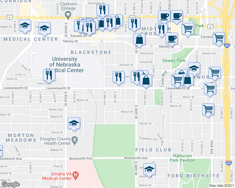 map of restaurants, bars, coffee shops, grocery stores, and more near 3720 Marcy Street in Omaha