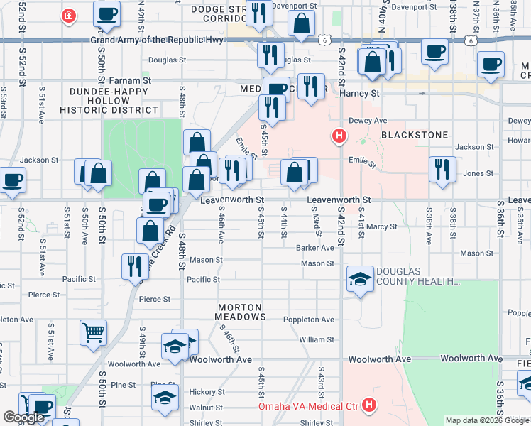 map of restaurants, bars, coffee shops, grocery stores, and more near 4425 Marcy Street in Omaha