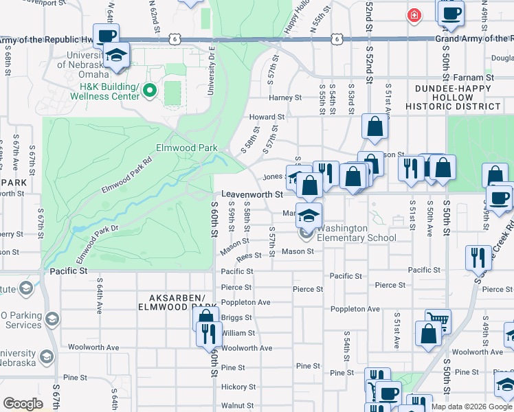 map of restaurants, bars, coffee shops, grocery stores, and more near 5703 Marcy Street in Omaha