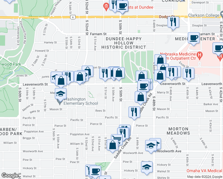 map of restaurants, bars, coffee shops, grocery stores, and more near 821 South 50th Avenue in Omaha