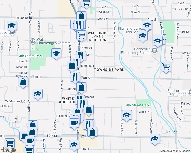 map of restaurants, bars, coffee shops, grocery stores, and more near 504 7th Street in Ogden