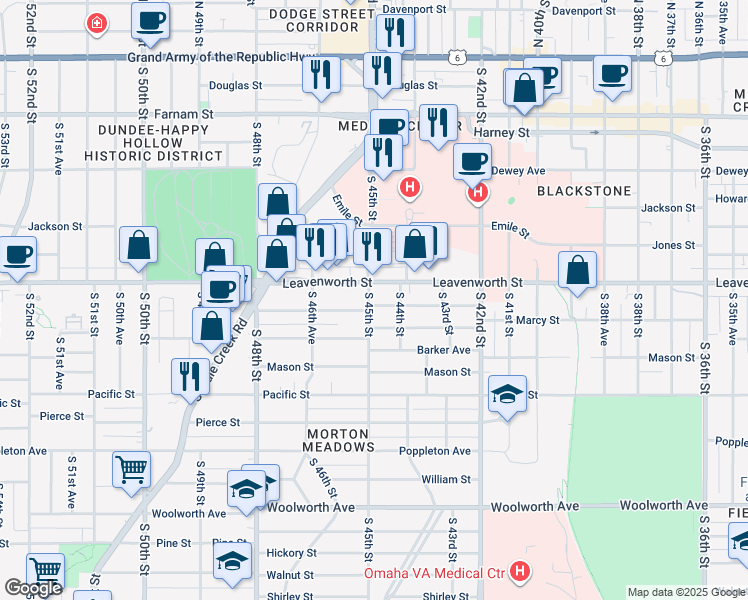 map of restaurants, bars, coffee shops, grocery stores, and more near 4425 Marcy Street in Omaha